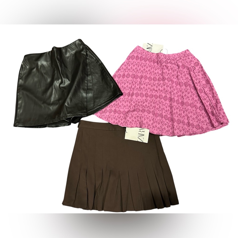 Zara Black Leather, Pink Patterned, and Brown Pleated Skirt Trio